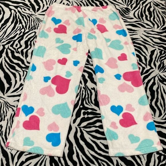 Fluffy kawaii white bottom pj pajama pants valentines heart print size large - Picture 3 of 7